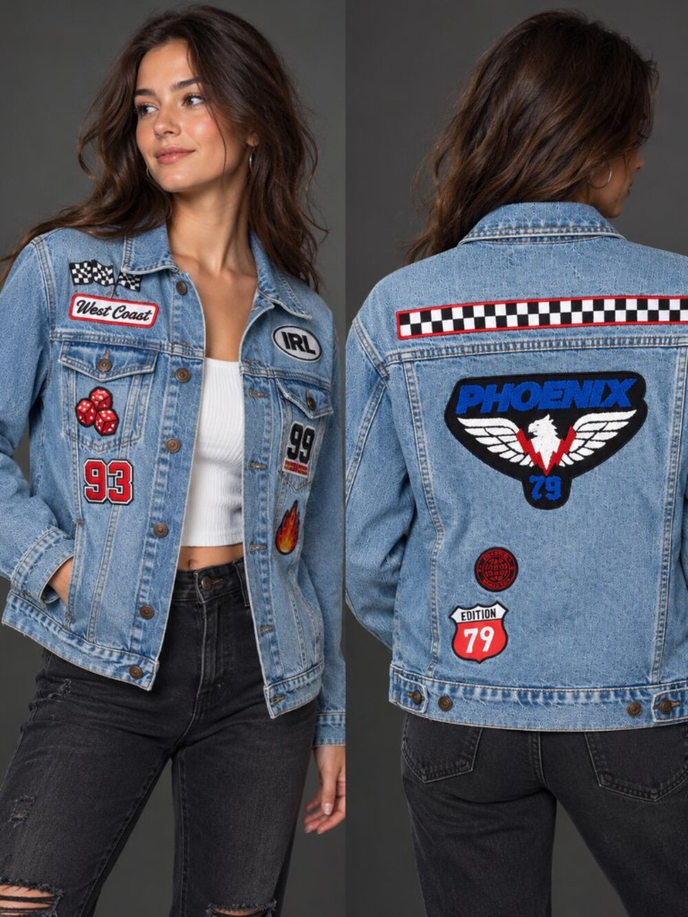 Forever 21 Custom Patch Denim Jacket Racing Moto Phoenix Women’s Medium